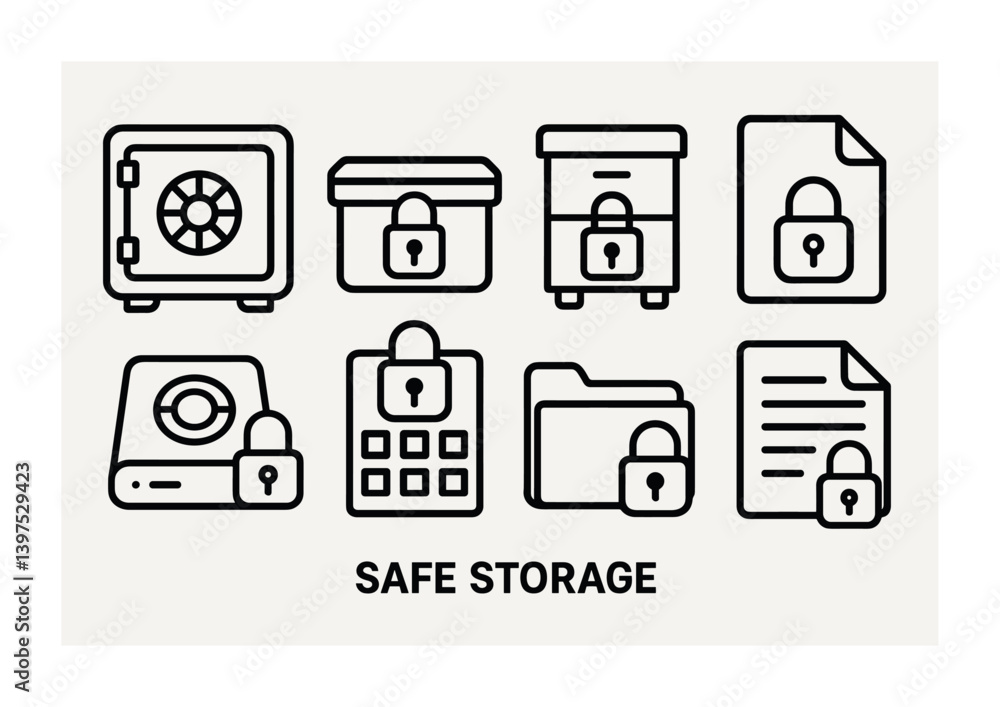Poster secure storage icons set: padlock, safe, file, and folder in linear style