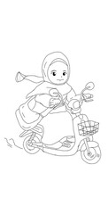coloring book for kids. illustration of a Muslim woman riding a scooter.