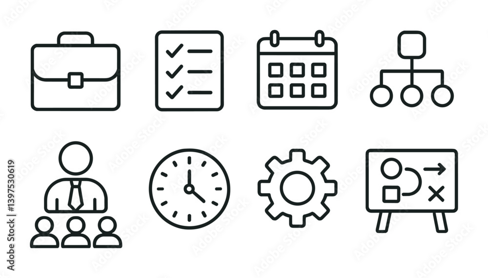 Poster office and business icons set - linear style for professional use
