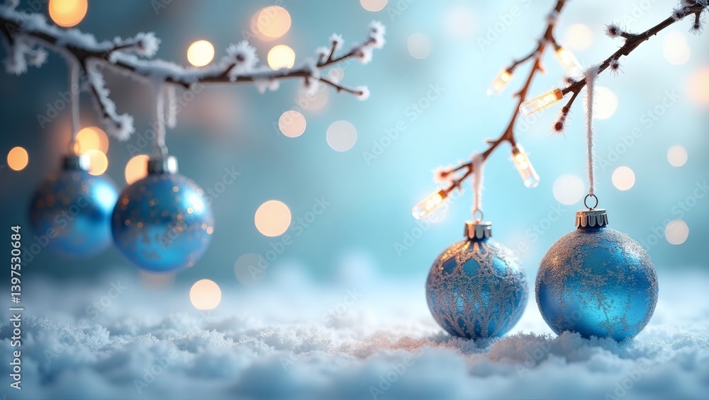 Poster Festive Christmas ornaments hanging from frosted branches with a bokeh background. The image captures the joy of winter holidays