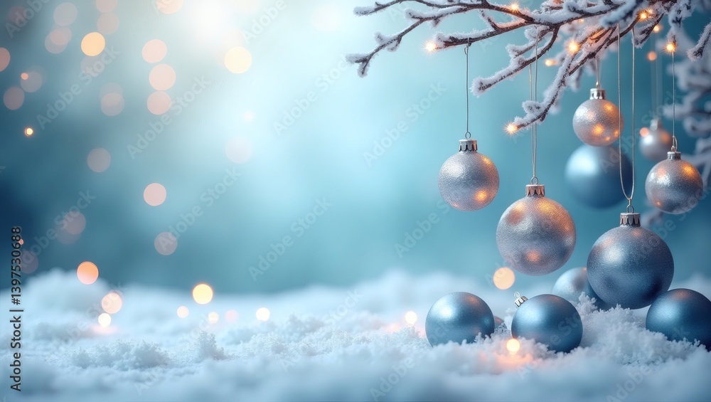 Aufkleber a serene winter scene featuring ornaments hanging on a snow-covered branch, creating a festive atmosphere and a touch of elegance. The background is softly blurred with bokeh lights