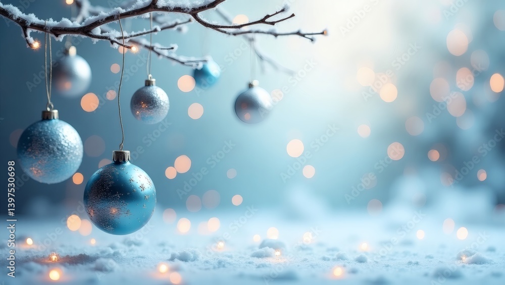 Poster ornaments hanging on a tree branch with snow, festive and elegant. capture the spirit of winter's gr