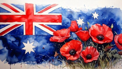 Anzac Day art. Watercolor Australia flag with poppy flowers. Symbol of remembrance, honor, AI