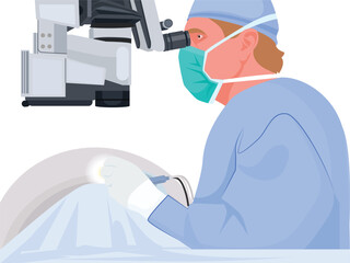 Doctor looking through microscope during eye surgery, medical illustration