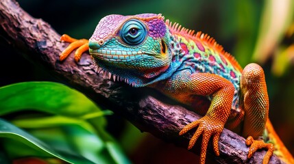 Obraz premium A vibrant chameleon perched on a branch surrounded by lush green foliage in a natural setting