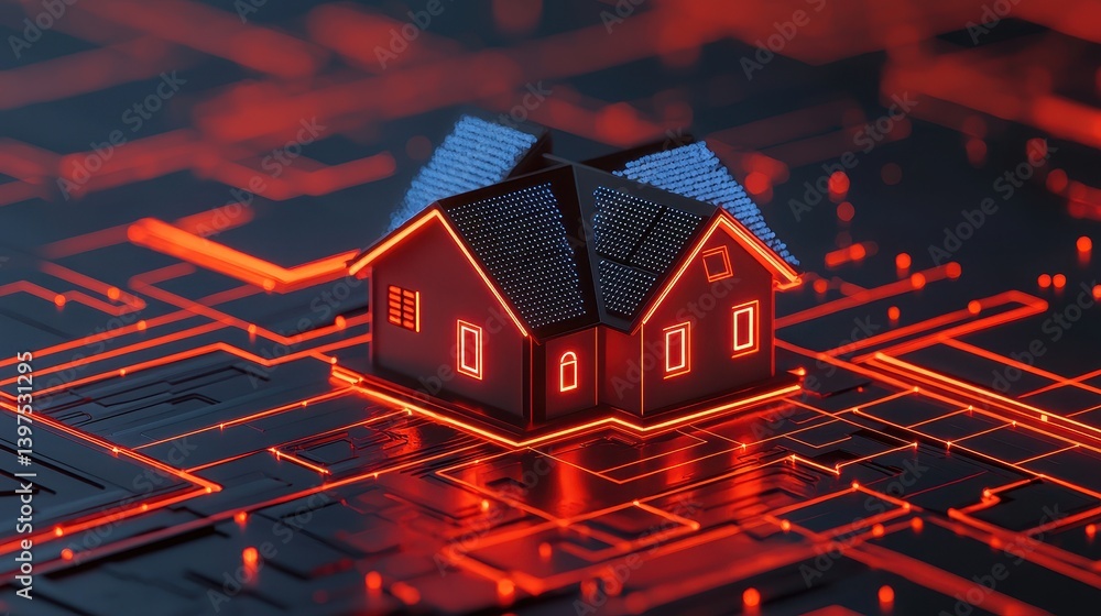 Poster modern smart home concept with circuit board design and neon lights representing digital technology 