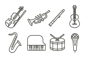 Linear music instrument icons set: violin, trumpet, recorder, guitar & more
