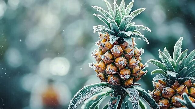Frost-covered pineapple plant outdoors in winter