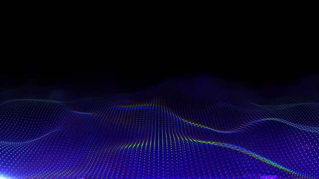 Particles blue wave Cyber ​​technology background loop. Abstract seamless animation of mesh glowing dots digital luxurious wave particles flows background, Motion of digital data flow.