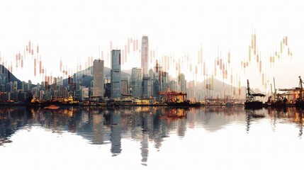 Double Exposure of Stock Market Chart Over Hong Kong Skyline