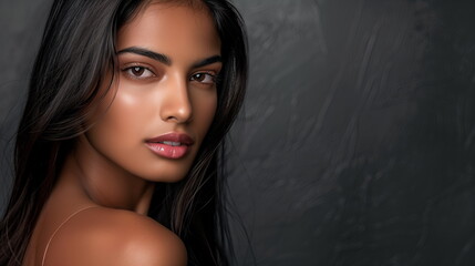 Fototapeta premium Beautiful close-up portrait of a woman showcasing natural beauty and striking features against a blue background