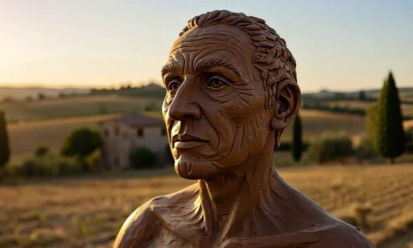 Statue in Field Gazing at Horizon During Sunset
