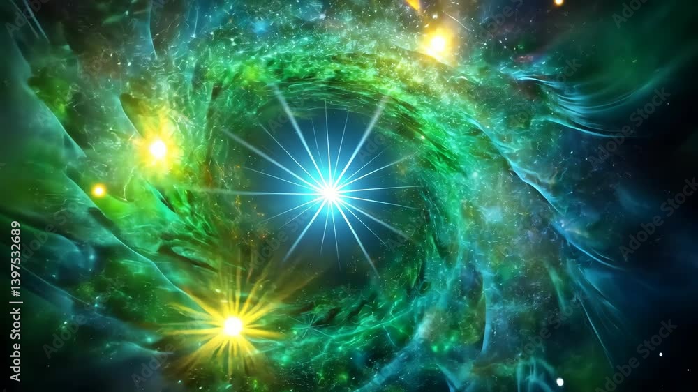 Wall mural bright star shines through swirling nebula clouds, cosmic dance of light and color
