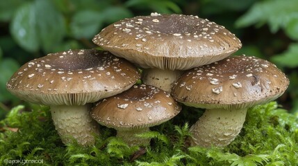 Obraz premium Forest mushrooms cluster close-up moss background