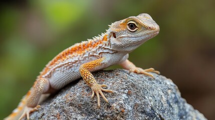 Close up of a bearded dragon perched on a gray rock with a blurred green background outdoors