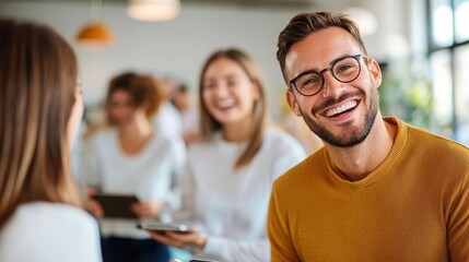 Young pros collaborating enthusiastically in a modern workspace