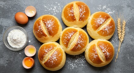 Golden Egg Buns Baking Preparation - Freshly baked buns, eggs, flour, and oil symbolize baking, nourishment, creation, ingredients, and culinary skill