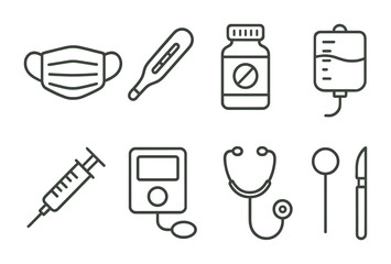 Minimalist linear icon set: essential medical tools for healthcare and medicine