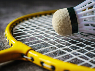 Badminton Racket and Shuttlecock, Close-up, concept for badminton playing .