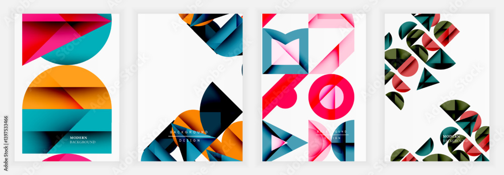 Poster four vibrant geometric designs. abstract shapes overlap, creating modern backgrounds. colors include