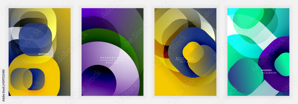 Poster Four abstract backgrounds feature overlapping circles, vibrant colors, gradients. Modern designs suggest dynamic composition, visual harmony. Smooth transitions create depth.