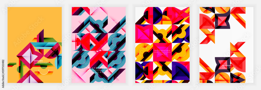 Poster Four vibrant abstract designs. Geometric shapes overlap, creating dynamic compositions. Colors include red, yellow, blue, purple, pink. Modern aesthetic.