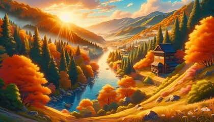 Anime-style Scenic Autumn Landscape with Mountains and River