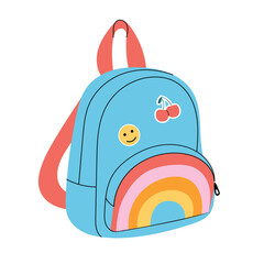 Backpack with rainbow print, cherry and smiley sticker. Cute school bag illustration. White isolated background.