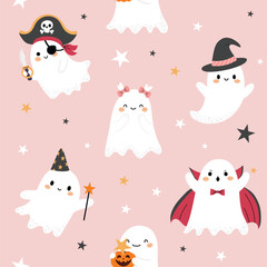 Seamless Halloween pattern with cute little ghosts in various costumes. Festive design with smiling characters on a pink background. Perfect for kids  wrapping, textile, wallpaper.