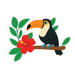Tropical toucan bird sitting on a branch with  hibiscus flower and leaves. Exotic summer illustration. Perfect for jungle themes, kids designs, or travel decor. © Hanna Bykova