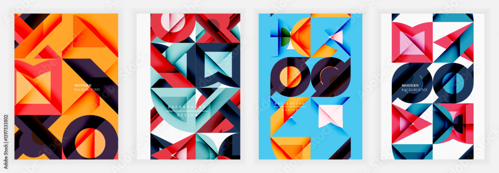 Aufkleber Four vibrant geometric designs. Overlapping shapes create dynamic compositions using orange, blue, red, pink hues. Modern backgrounds suggest artistic flair, visual interest.