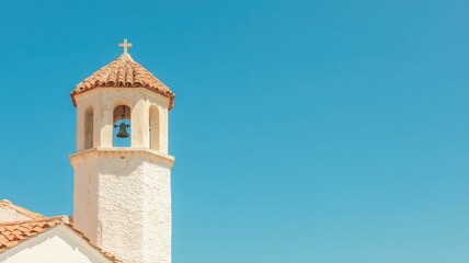 White Church Tower with Orange Tile Roof against a Clear Blue Sky on a Sunny Day in a Simple Architectural Style