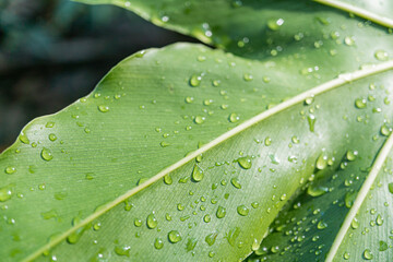 Close-up photograph of a water-droplet adorned leaf, showcasing dew or rain glistening effects Conveys freshness, purity, and natural beauty