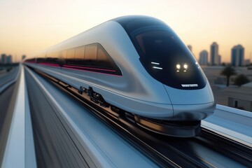High-speed train travels along modern track at sunset in urban environment