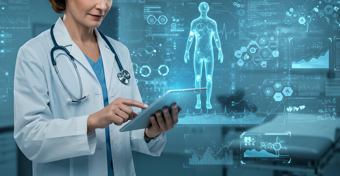 Doctor woman with tablet and medical holographic icons showing innovation, security and future of medical advancements. Digital technology in modern healthcare - Powered by Adobe