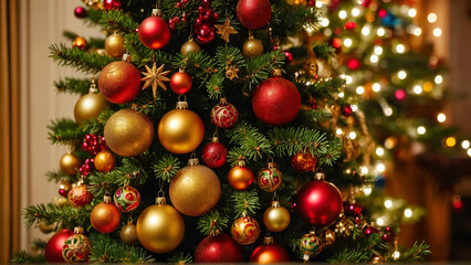 Decorated Christmas tree with red and gold baubles for christmas celebrations, Generative AI