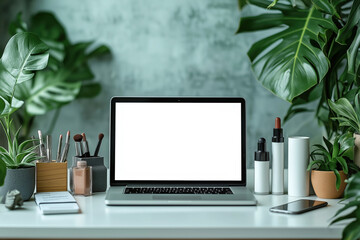 A workspace with a clean and organized design, where a white screen is installed on the laptop screen. There are several bottles of cosmetics samples next to the laptop. A freelancer's workplace