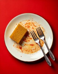 yellow sponge and dirty plate and forks. dish washing against red background 