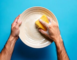 man's hand with sponge dish wash against blue background 