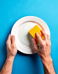 hand with sponge dish wash against blue background 