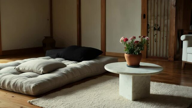 Minimalist interior design of modern Japanese bedroom with futon mattress
