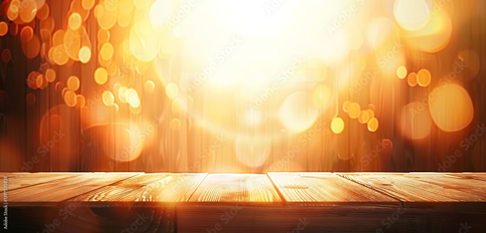 Poster the background is a blurred golden bokeh light with a wooden tabletop in the foreground. there is