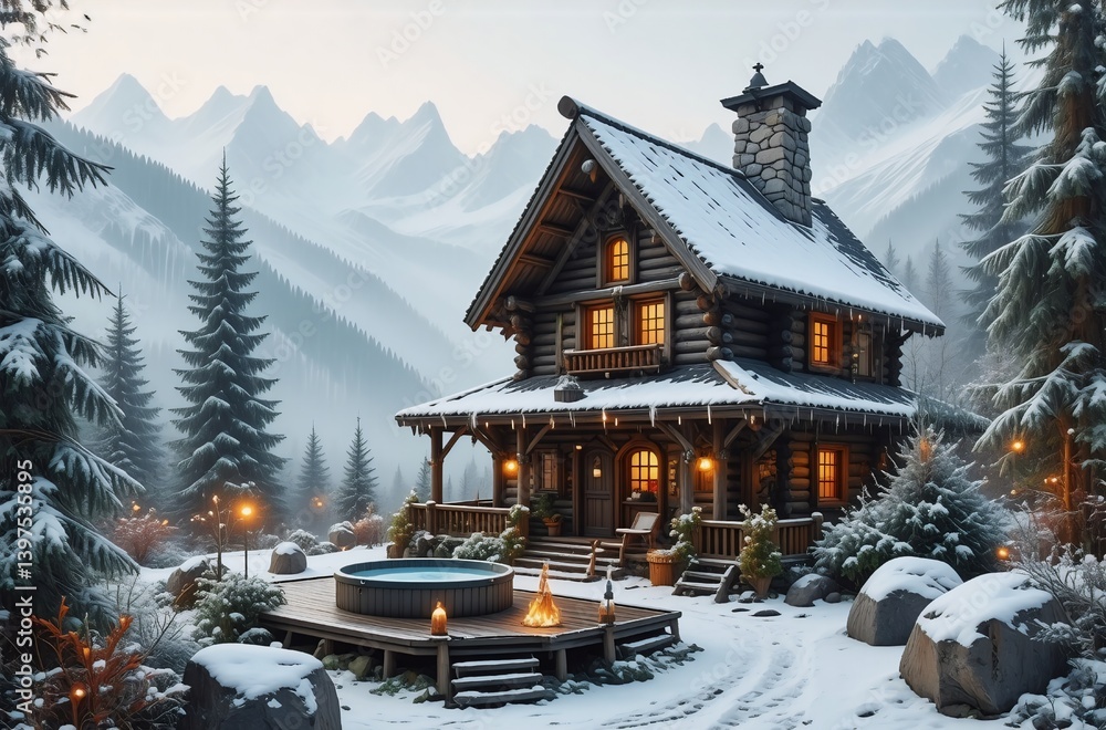 Poster a cozy log cabin nestled in a snowy mountain valley, featuring a hot tub and fire pit. warm light gl