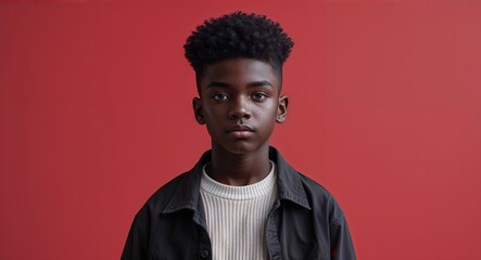 Obraz premium black African teen boy on red plain bright background modern chic fashion pose model portrait portrait banner with copy space ad concept marketing