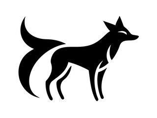 Naklejka premium Powerful black silhouette of a stylized fox head logo. A bold, stylized graphic of a fox head, in solid black silhouette against a white background.