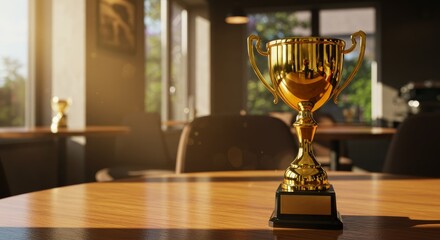 Golden Trophy on Wooden Table - A gold trophy sits on a wooden table in a sunlit cafe, symbolizing achievement and success