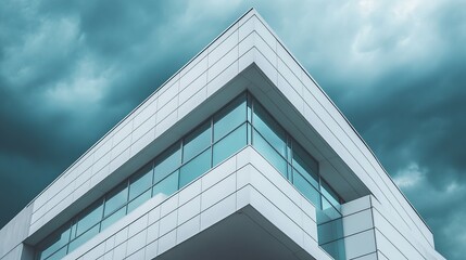 Low angle view of a modern white building with glass windows against a cloudy sky backdrop scene outside