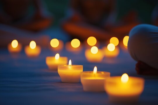 Glowing candles illuminate a serene savasana scene during an evening yoga practice, creating a peaceful and meditative atmosphere