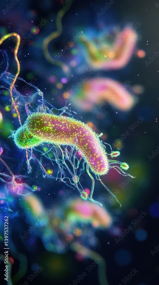 Poster digital rendering of a colorful and abstract microscopic bacteria
