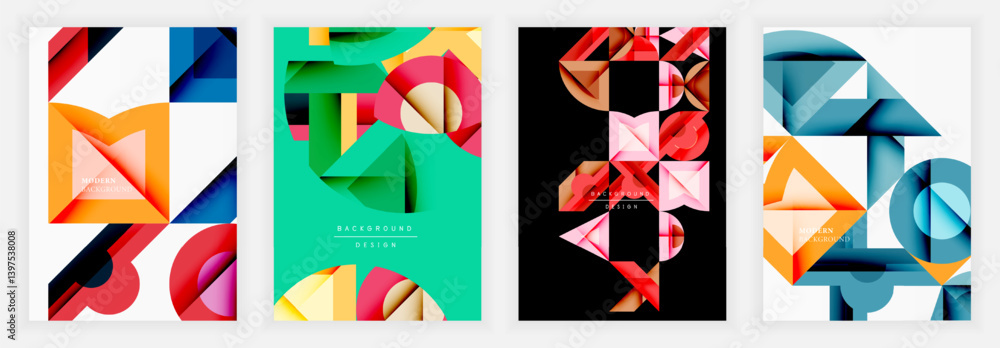 Fototapete Four abstract geometric backgrounds. Bright colors, overlapping shapes create modern designs. Minimalist style, vibrant palettes, dynamic compositions.